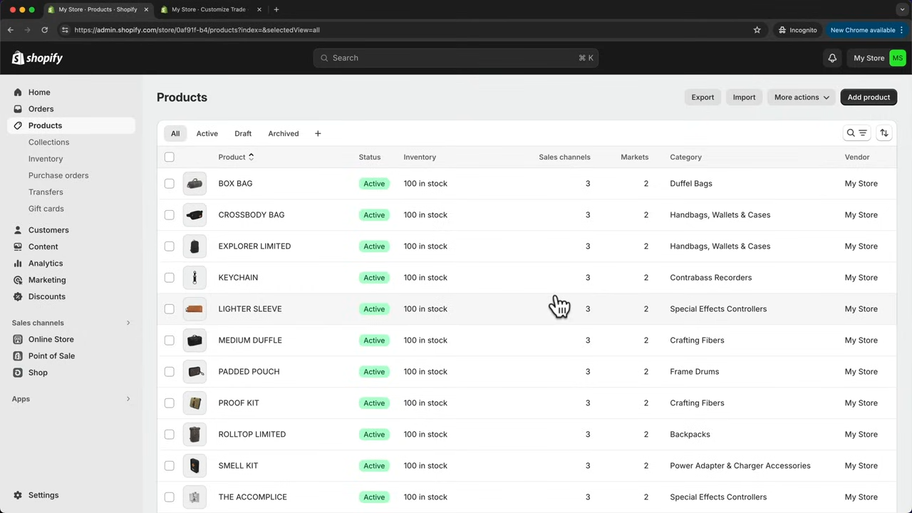 Shopify admin dashboard showing store management and the $1 per month free trial offer