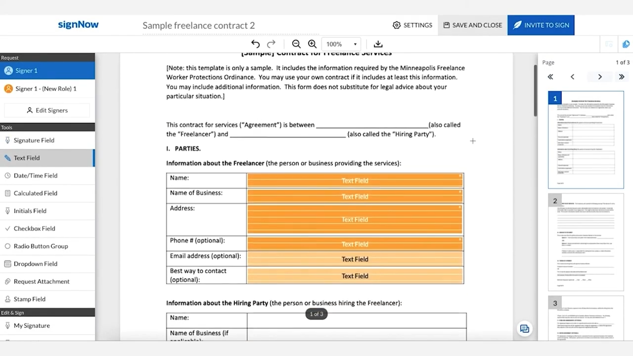 signNow electronic signature dashboard interface showing secure document signing